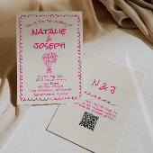 QR Code Hand Drawn Vivid Pink Retro Funky Wedding Kaart