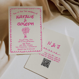 QR Code Hand Drawn Vivid Pink Retro Funky Wedding Kaart