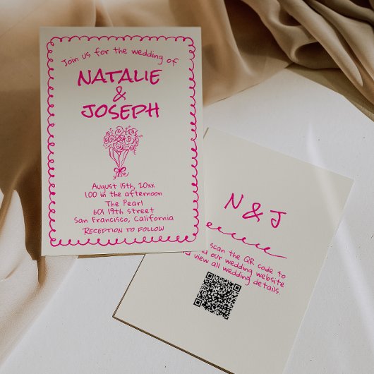 QR Code Hand Drawn Vivid Pink Retro Funky Wedding Kaart