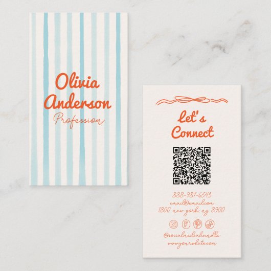 QR Code Hand Drawn Written Blue Orange Whimsy Boho Visitekaartje (Voorkant / Achterkant)