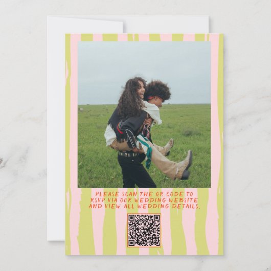 QR Code Hand Geschreven Pinstripes Fotobruiloft Kaart (Achterkant)