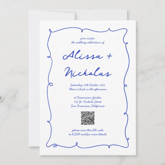 QR Code Hand getrokken Helder Blauw Monogram Bruil Kaart (Voorkant)