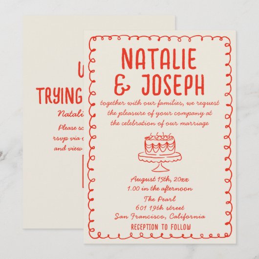 QR Code  Hand getrokken Red Cake Funky Wedding Kaart (Voorkant / Achterkant)