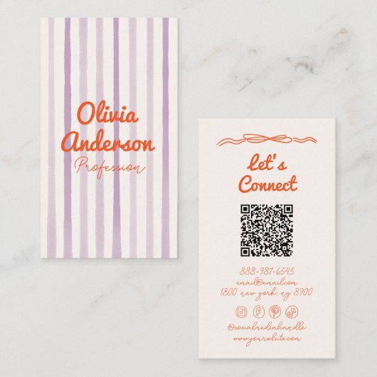 QR Code Handgeschreven Paars Oranje Whimsy Boho  Visitekaartje (Voorkant / Achterkant)