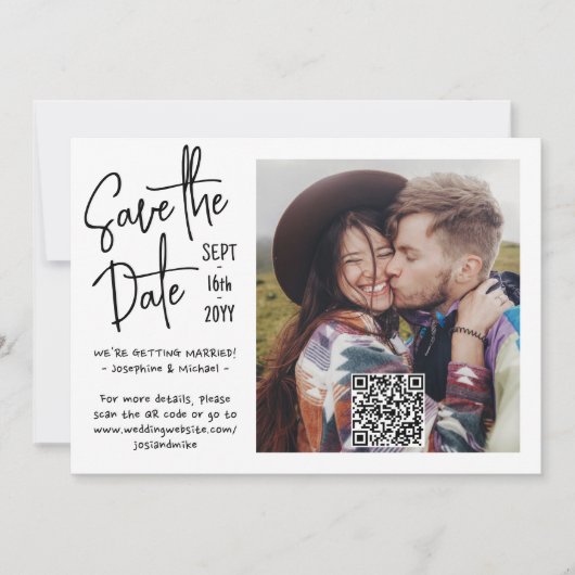 QR Code Handgeschreven stijl Casual 2 Fotohuwelijk Save The Date (Voorkant)