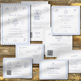 QR Code Handgetekende Doodle Blauwe RSVP Reactie Kaartje