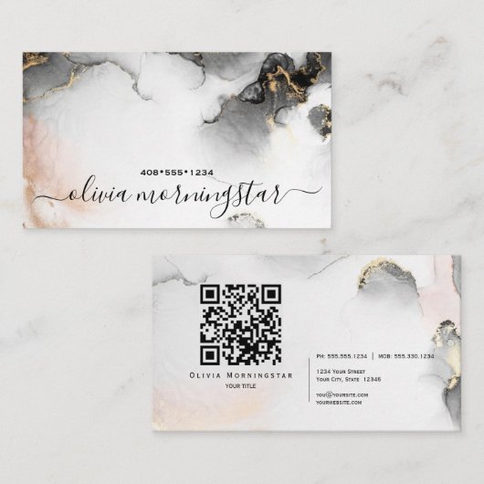 QR Code Handtekening Goud Zwart Abstracte Waterver Visitekaartje (Voorkant / Achterkant)