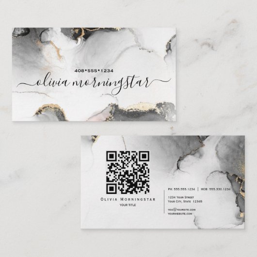QR Code Handtekening Zwart Goud Gemarmerde Waterve Visitekaartje (Voorkant / Achterkant)