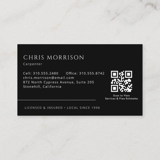 QR Code Handyman Carpenter Carpentry Visitekaartje (Achterkant)
