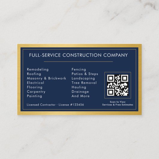 QR Code Handyman Navy Blue Gold Metal Visitekaartje (Achterkant)