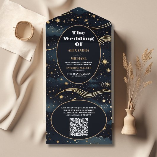 QR Code Hemels Middenblauw Sterren Maan Bruiloft All In One Uitnodiging