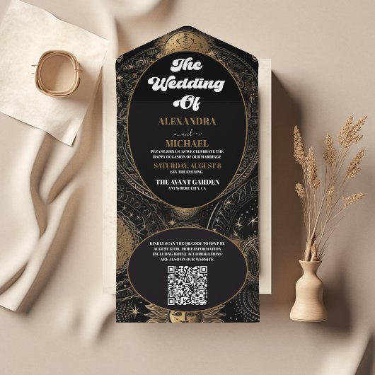QR Code Hemels Zwart Gouden Bruiloft All In One Uitnodiging