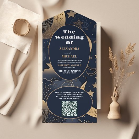 QR Code Hemelsblauw Gouden Hemelse Trouw All In One Uitnodiging