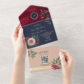QR Code Herfst Bourgondië Navy Wedding All In One Uitnodiging (Afscheurbaar)