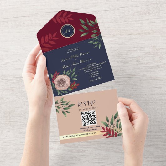 QR Code Herfst Bourgondië Navy Wedding All In One Uitnodiging (Afscheurbaar)