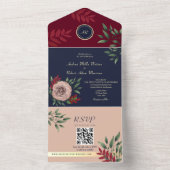 QR Code Herfst Bourgondië Navy Wedding All In One Uitnodiging (Binnen)