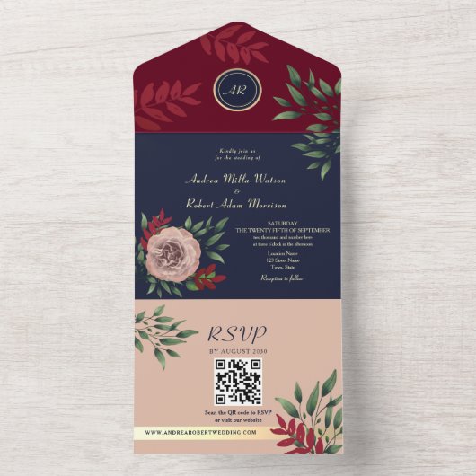 QR Code Herfst Bourgondië Navy Wedding All In One Uitnodiging (Binnen)