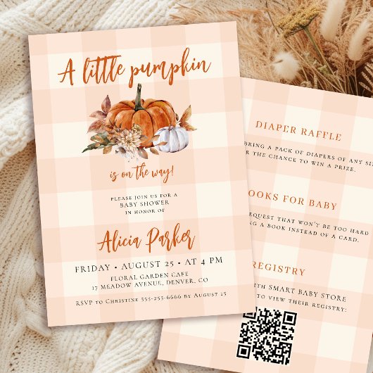 QR-code herfst geruite pompoen baby shower Kaart