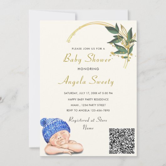 QR-code Het is een Baby shower-uitnodiging voor he (Voorkant)