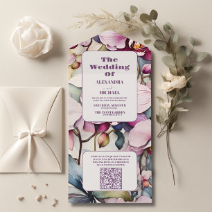 QR Code Hete Roze Fuchsia Waterverf Orchideeën Wed All In One Uitnodiging