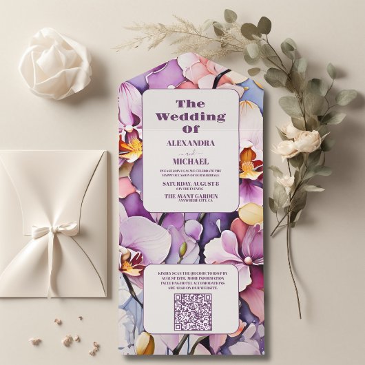 QR Code Hete Roze Fuchsia Waterverf Orchideeën Wed All In One Uitnodiging