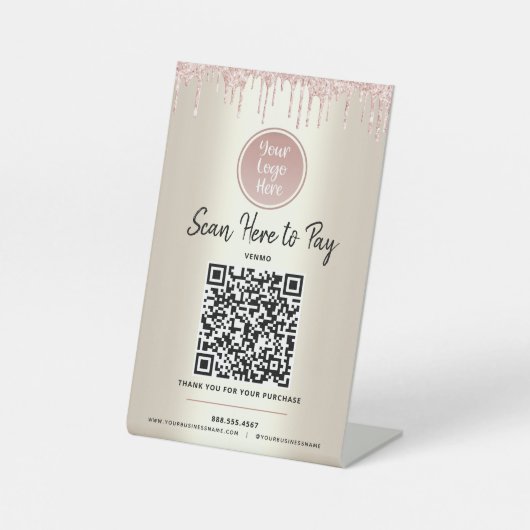 QR-code Hier Roze Glitter Gold Aangepast Logo Reclamebord Met Voetstuk (Voorkant)