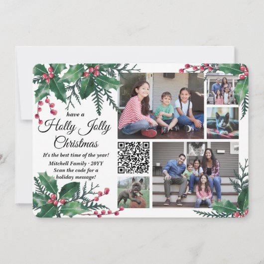 QR-code Holly Jolly kerstgroen 5 Foto Feestdagenkaart (Voorkant)