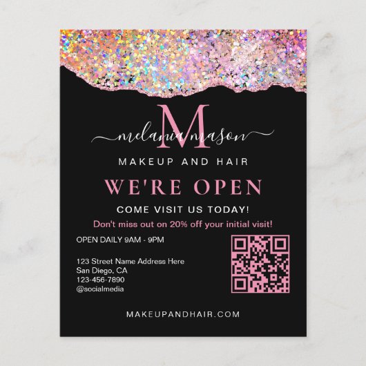 QR Code Holografische Agaat Glitter We're Open Zwa Flyer (Voorkant)