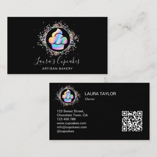 QR Code Holografische Cupcake Bakkerij Chef Cake Visitekaartje (Voorkant / Achterkant)