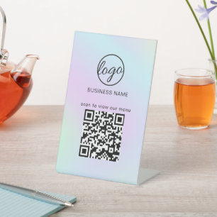 QR Code Holographic Business Logo Restaurant Menu Reclamebord Met Voetstuk