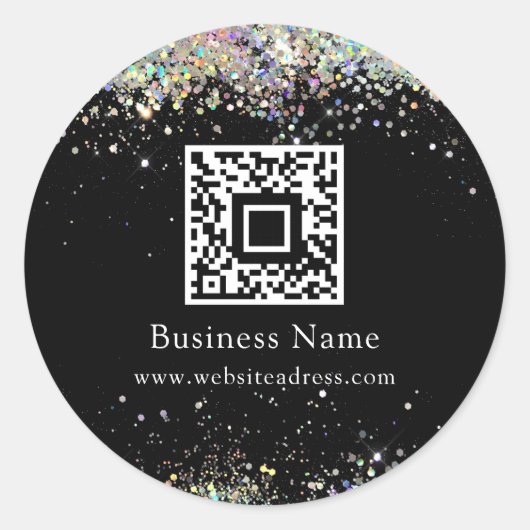 QR Code Holographic Glitter Business Black Ronde Sticker (Voorkant)