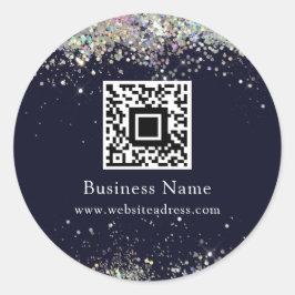 QR Code Holographic Glitter Business Blue Ronde Sticker