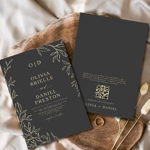 QR Code Houtskool Grijs & Goud Minimal Leaf Weddin Kaart