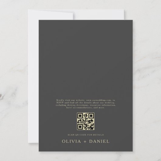 QR Code Houtskool Grijs & Goud Minimal Leaf Weddin Kaart (Achterkant)