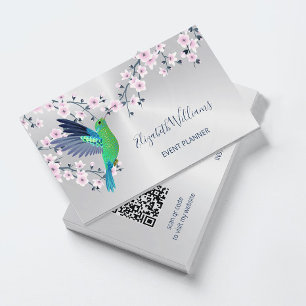 QR-code   Hummingbird Cherry Blossom Silver Visitekaartje