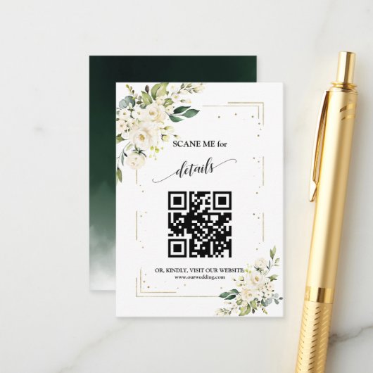 QR-code Huwelijk Witte Bloemen Goud Informatiekaartje (Voorkant / Achterkant in situ)