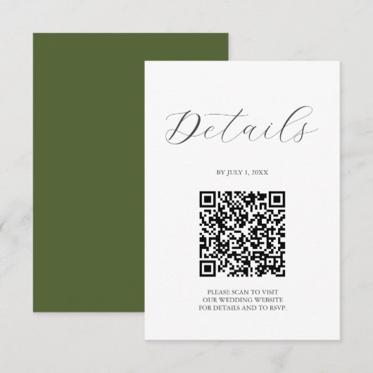 QR-code Huwelijksdetails Mosgroen RSVP Kaartje (Voorkant / Achterkant)