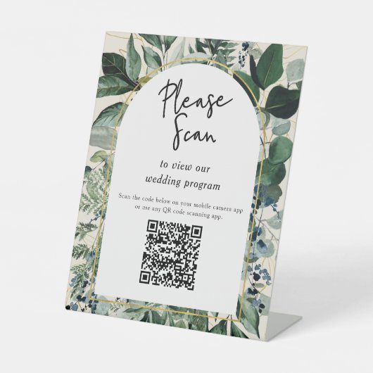 QR-code huwelijksprogramma Modern Botanical Greene Reclamebord Met Voetstuk (Voorkant)
