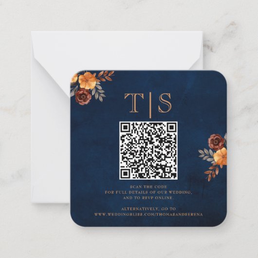 QR Code Huwelijksverblijf RSVP Marine Blauw Bloeme Notitiekaartje (Voorkant)