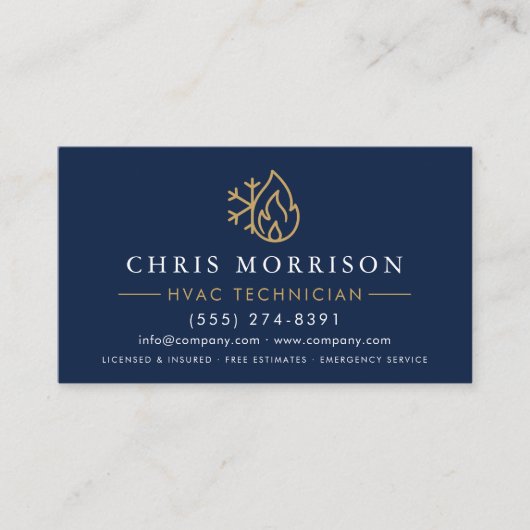 QR Code HVAC Technician Navy Blue Gold Visitekaartje (Voorkant)