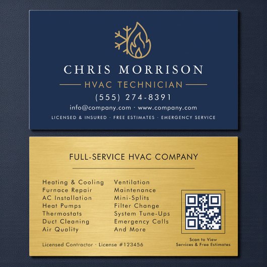 QR Code HVAC-technicus Navyblauw Goud Visitekaartje
