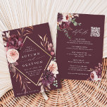 QR-code in één herfst Romance Burgundy Wedding Kaart<br><div class="desc">Deze trouwuitnodiging bevat een waterverf bloem van dahlias, tuinlijke rozen en pony's in woedde rode maron en een wazige roze over de valbladeren met een faux gouden ruitvormig lijst en trouwdetails, QR code website link op de achterkant. Voor meer geavanceerde aanpassing van dit ontwerp, te klikken gelieve de BUTTON van...</div>