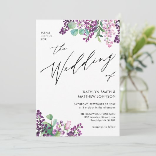 QR-code in één Paars Lila huwelijk Kaart (Staand voorkant)