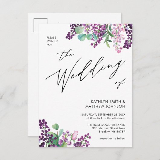 QR-code in één Paars Lila huwelijk Uitnodiging Briefkaart (Voorkant / Achterkant)