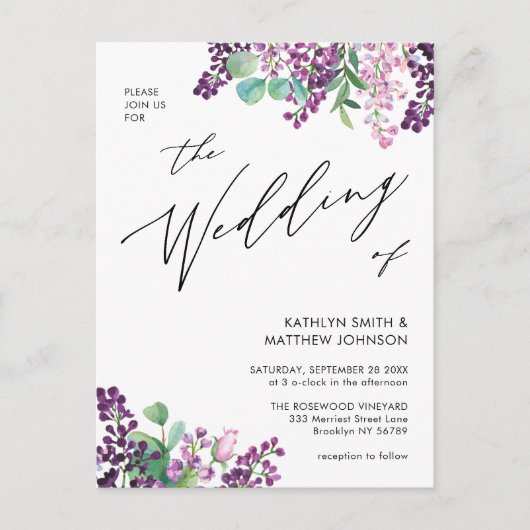 QR-code in één Paars Lila huwelijk Uitnodiging Briefkaart (Voorkant)