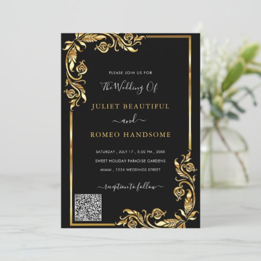 QR Code Info Black Gold Modern Weddenschap (Staand voorkant)