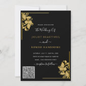 QR Code Info Floral Black Gold Weduwen Uitnodiging (Voorkant)