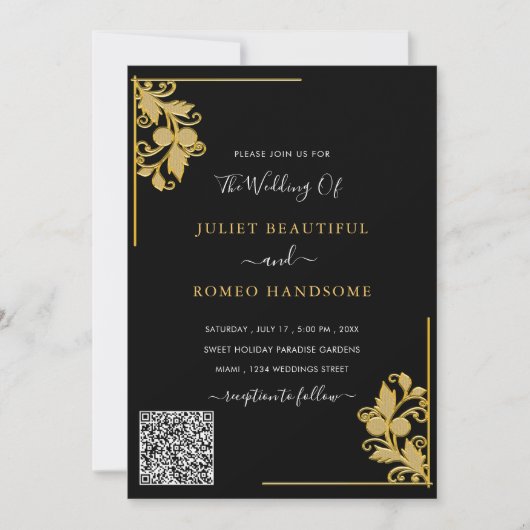 QR Code Info Floral Black Gold Weduwen Uitnodiging (Voorkant)