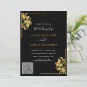QR Code Info Floral Black Gold Weduwen Uitnodiging (Staand voorkant)
