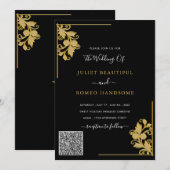QR Code Info Floral Black Gold Weduwen Uitnodiging (Voorkant / Achterkant)